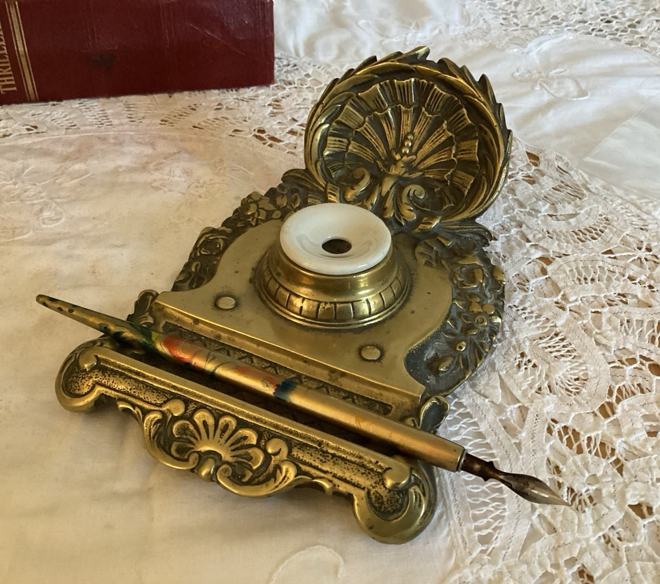 Antique Ornate Brass Victorian Ink Well With Ceramic Pot Study Decor