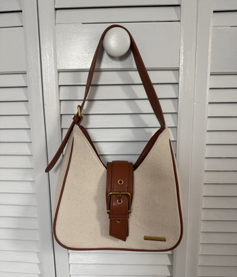 Beige & Brown Solid Shoulder Bag Purse, Buckle Closure, Gold Hardware