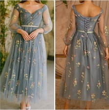 Slate Blue Floral Embroidered Tulle Midi Dress Off Shoulder Puff Sleeve Gown