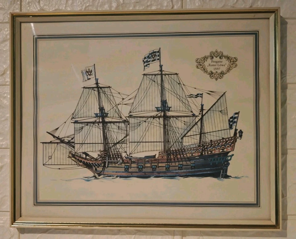Vintage Holz Bilderrahmen Motiv: Schiff Segelschiff Frigatte Roter Löwe 1597  - Bild 3 von 4