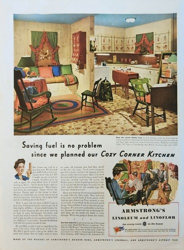 1943 Armstrongs linoleum and linoflor Vintage Ad COZY corner kitchen
