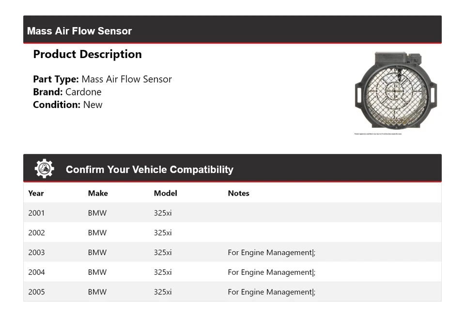 Sensor de flujo de aire másico Cardone 2002 2003 2004 para BMW 325xi 2001-2005 Foto 2 de 4