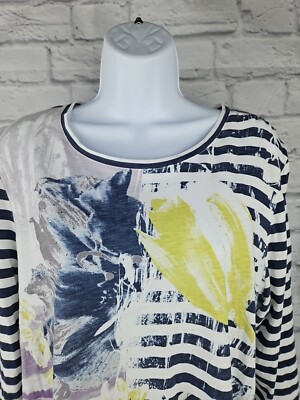 Zenergy By Chico's Blue/White Striped Floral Print Knit Top