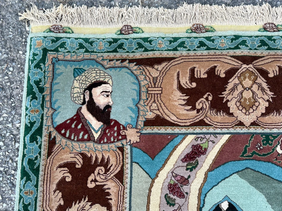 SIGNED HIGH KPSI 60+ RAJ PICTORIAL RUG KORK WOOL_SILK 6.5x8.2 OMAR KHAYAM - Image 4 of 4