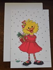 Vintage  Suzy's Zoo blank Christmas card, cute Suzy in red dress with gift