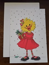 Vintage  Suzy's Zoo blank Christmas card, cute Suzy in red dress with gift