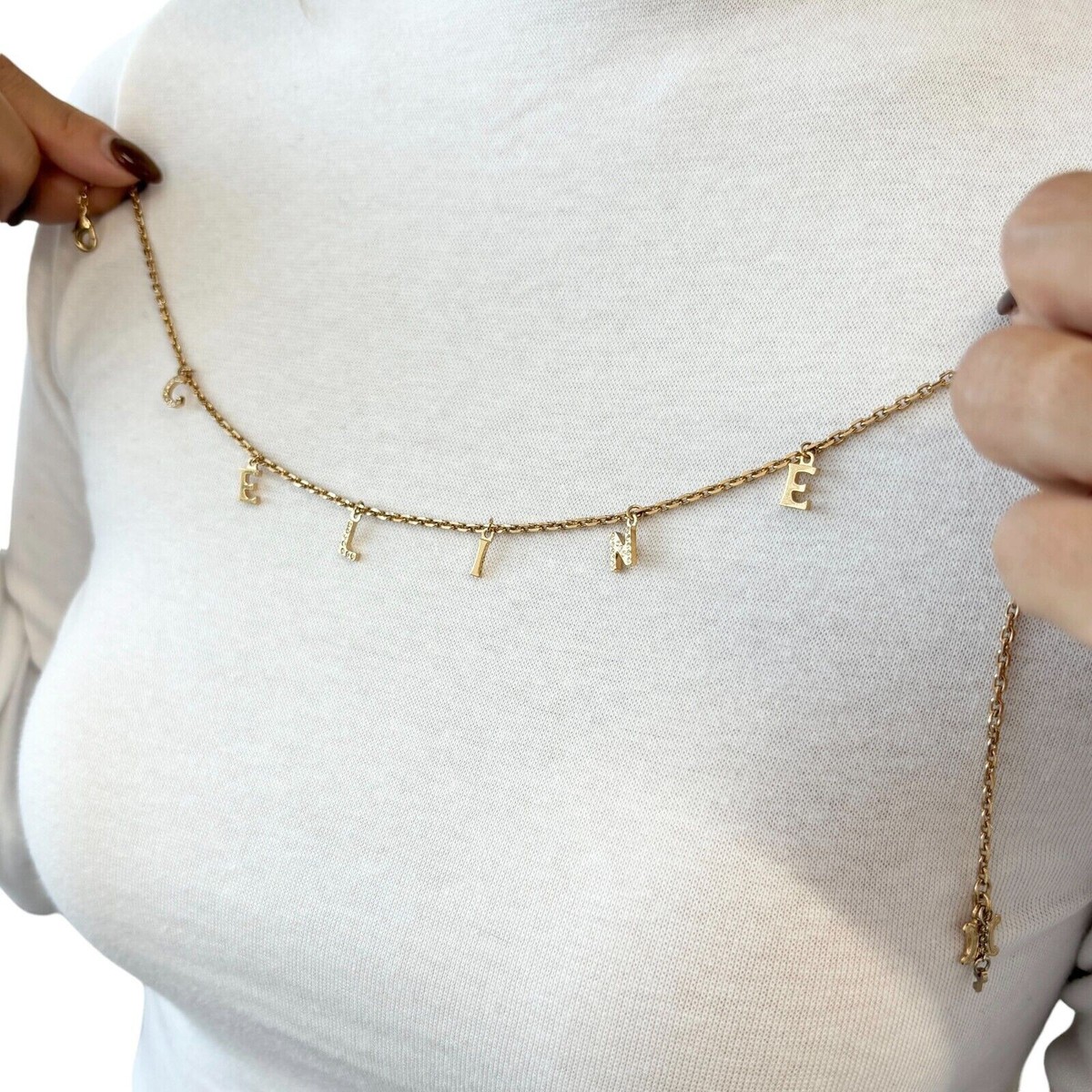 CELINE Vintage Logo Rhinestone Chain Necklace Gold Metal