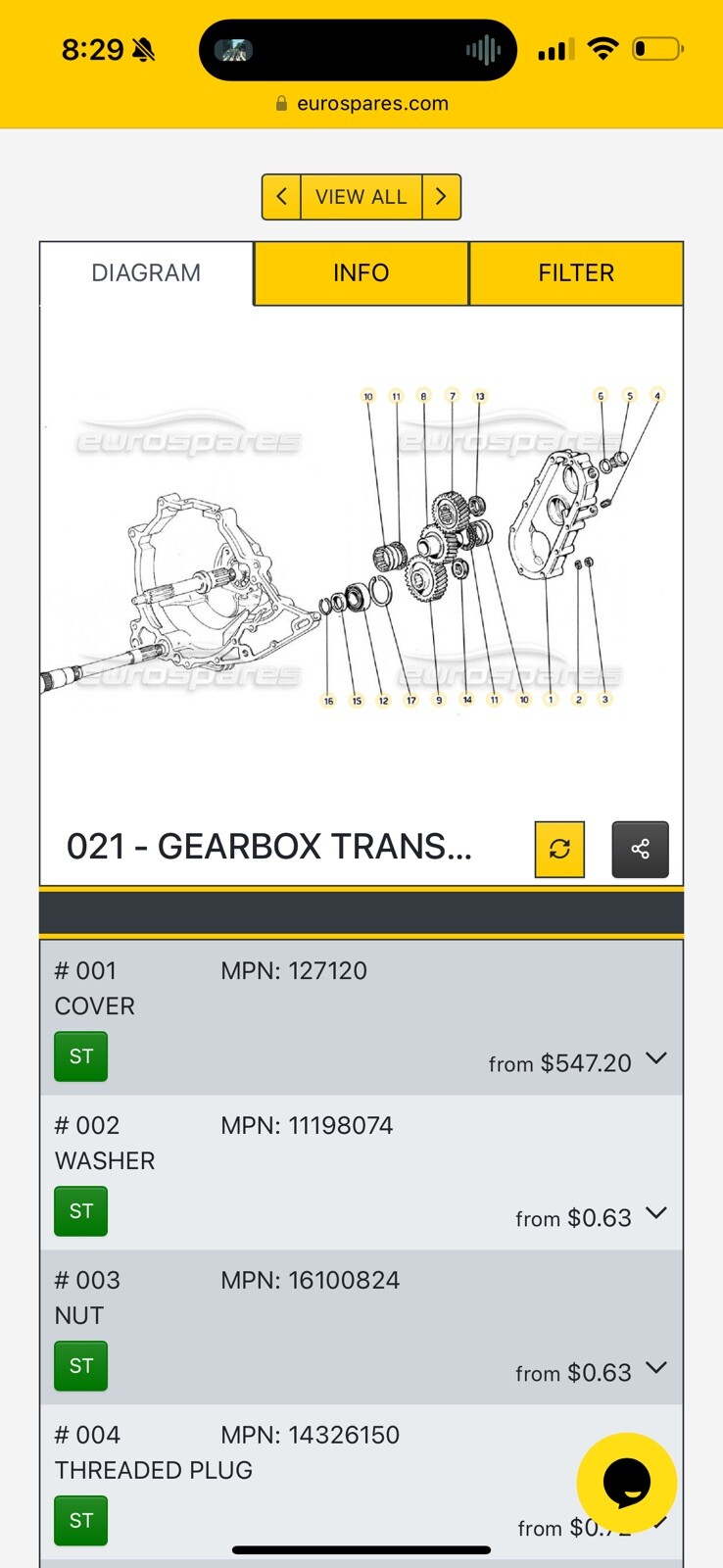 Ferrari 308 Transfer Gear Set Part Numbers 105543,105544,119721