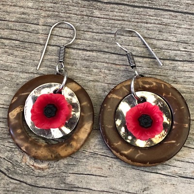 Poppy Flower of Love Peace Palm Wood Circle Enso Silver Earrings