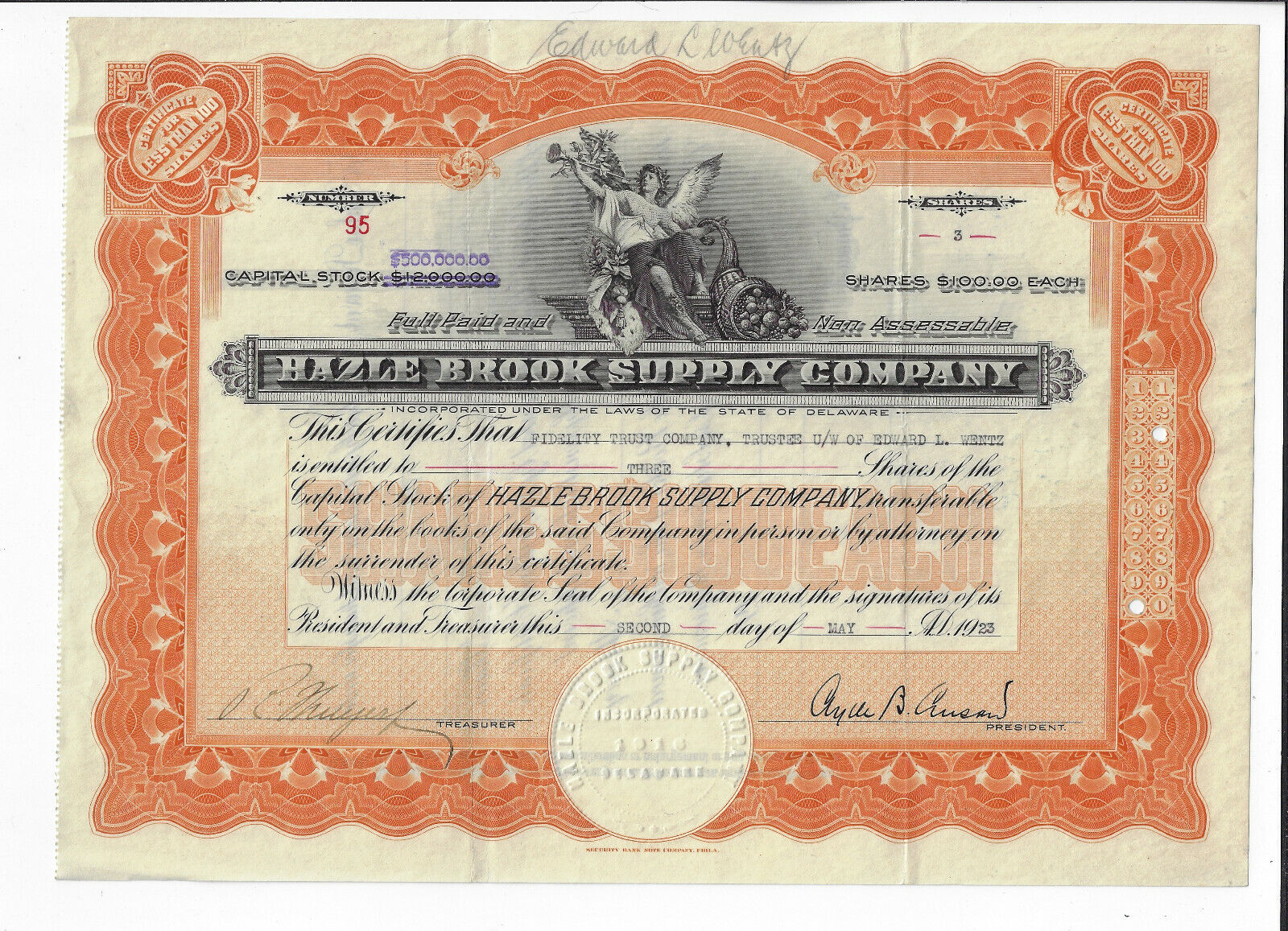 PENNSYLVANIA 1923 Hazle Brook Supply Company Stock Certificate #