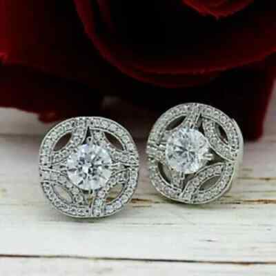 2Ct Lab-Created Diamond Cluster Screw Back Stud Earrings 14k White Gold Finish