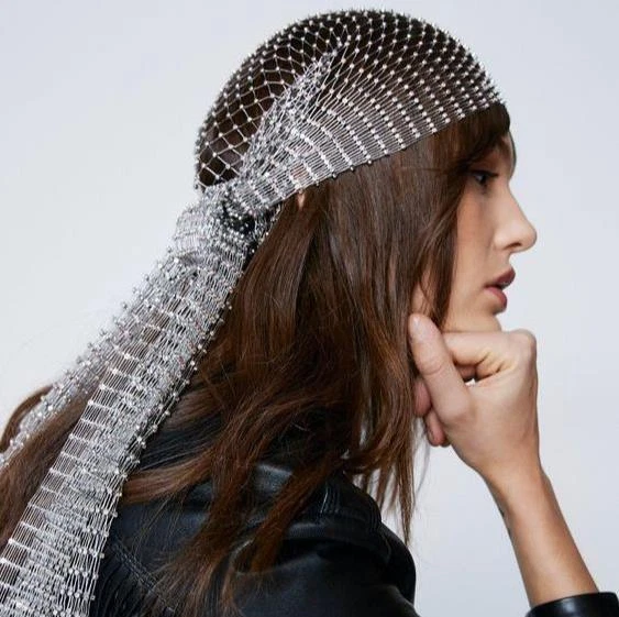 Women Crystal Mesh Hair Net Crochet Cap Snood Rhinestone Turban Hats Head Scarf - Image 4 of 4