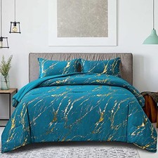 Teal Gold Metallic Marble Comforter Set King Foil Print Glitter Bedding Sets