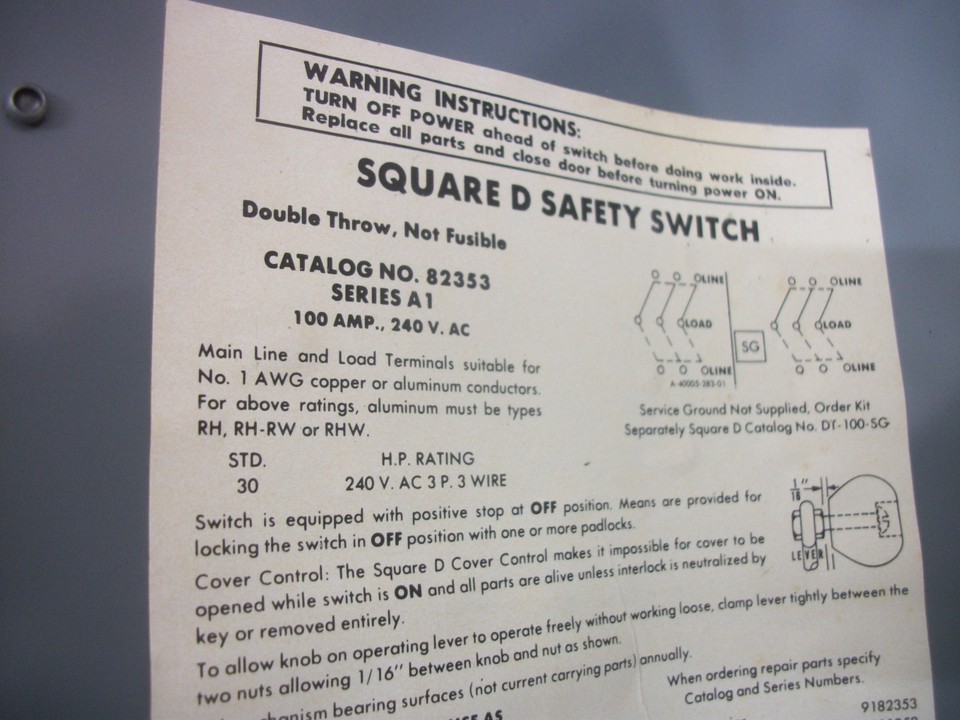 SQUARE D DOUBLE THROW TYPE 1 82353 100AMP 240VOLT 3POLE NON-FUSIBLE NOB ...