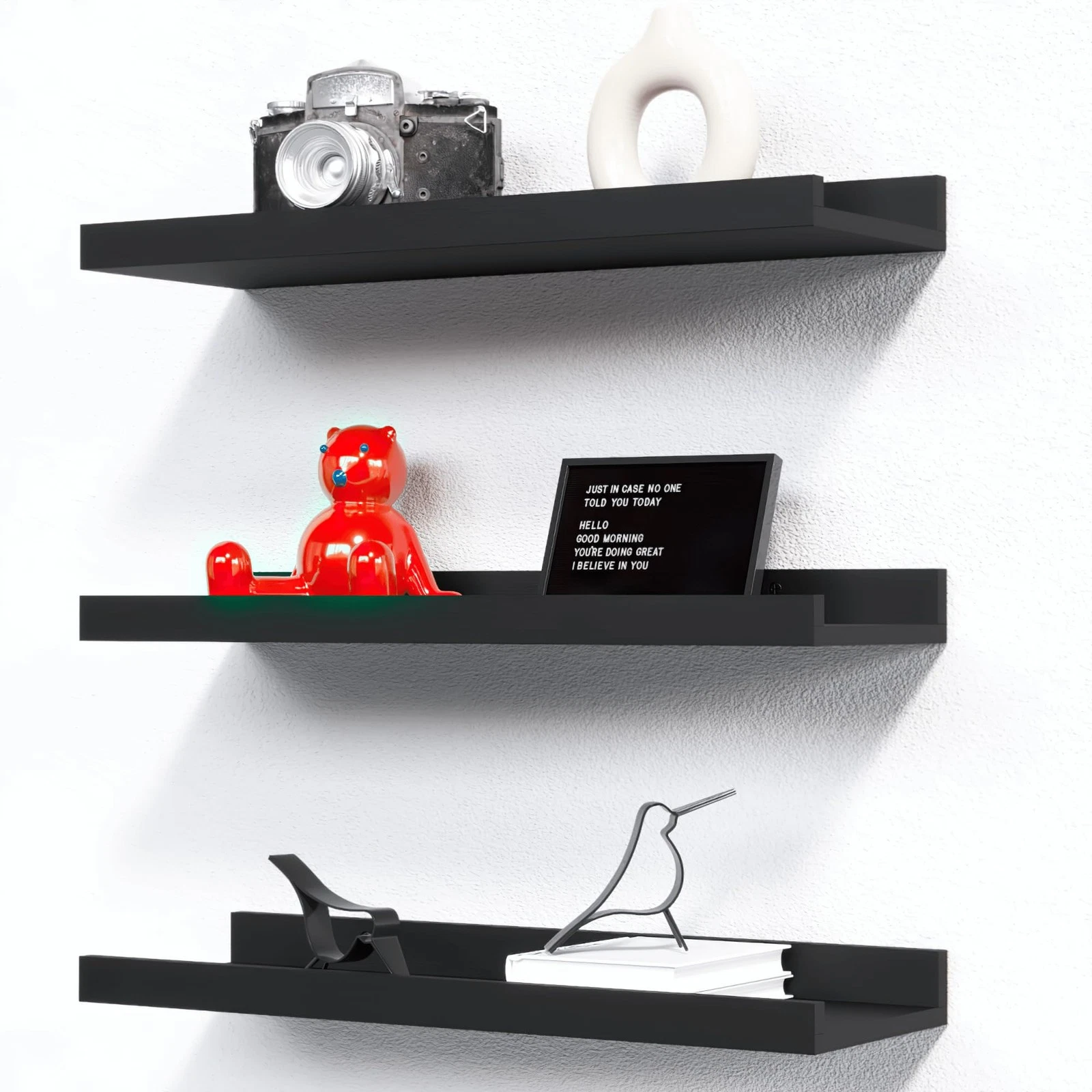 3 PCS Floating Shelves Wall 16 Inch Black Mounted Lip Storage Display Ledge