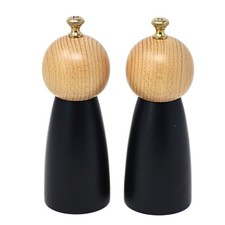 Image of Salt & Pepper Mill 17cm Black Wood Manual Grinder Golden Knob Shakers 2pcs Set