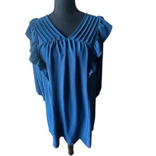 Umgee Blue V Neck Shift Dress M Long Sleeve Pleated Boho Chic Style