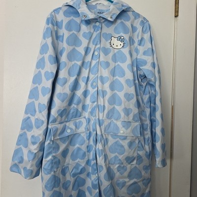 FOREVER 21 HOODED HELLO KITTY RAIN JACKET Blue And White Hello Kitty Logo