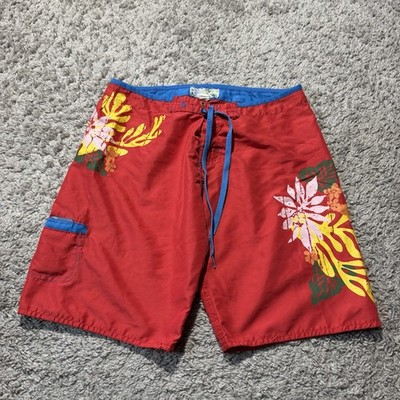 Vintage Y2k Roxy Red Womens Board Shorts 30  Floral Lightweight Surf
