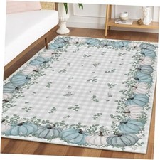 Blue Pumpkins Eucalyptus Leaves Fall Area Rug, Autumn Thanksgiving Home Decor