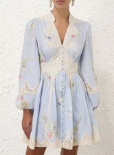 NEW W/TAGS-ZIMMERMANN Lucky Lace Plunge Lace Linen Mini Dress Sz 2 AUS 12 US 8