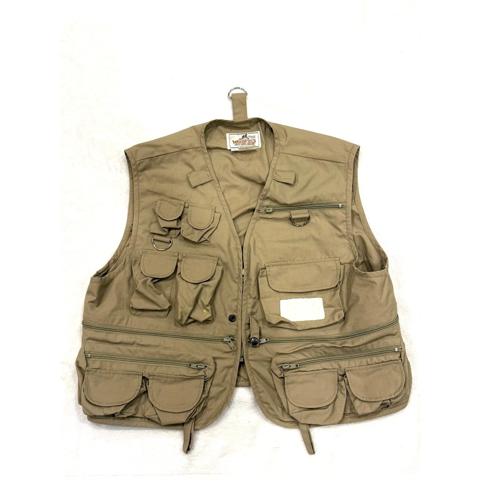 Vintage Woodfield Mens Khaki Utility Fishing Vest Multi-Pocket Tan Large