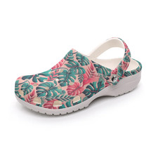 Women's Classic Clogs PINK AND GREEN TROPICAL LEAF Garden Clogs Lightweight Soft