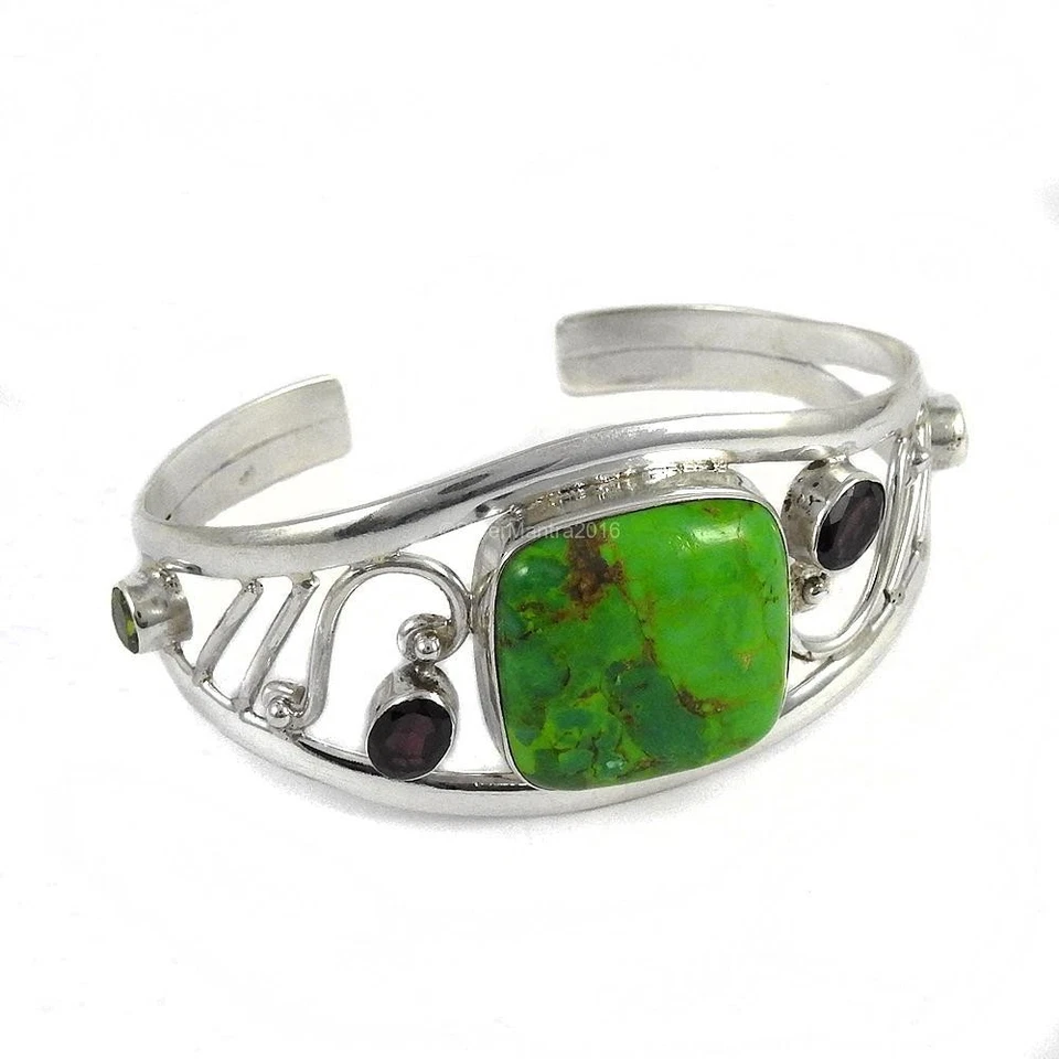 Cushion Green Copper Turquoise Bezel December Wife Bangle Bracelet Solid Silver - Image 4 of 4