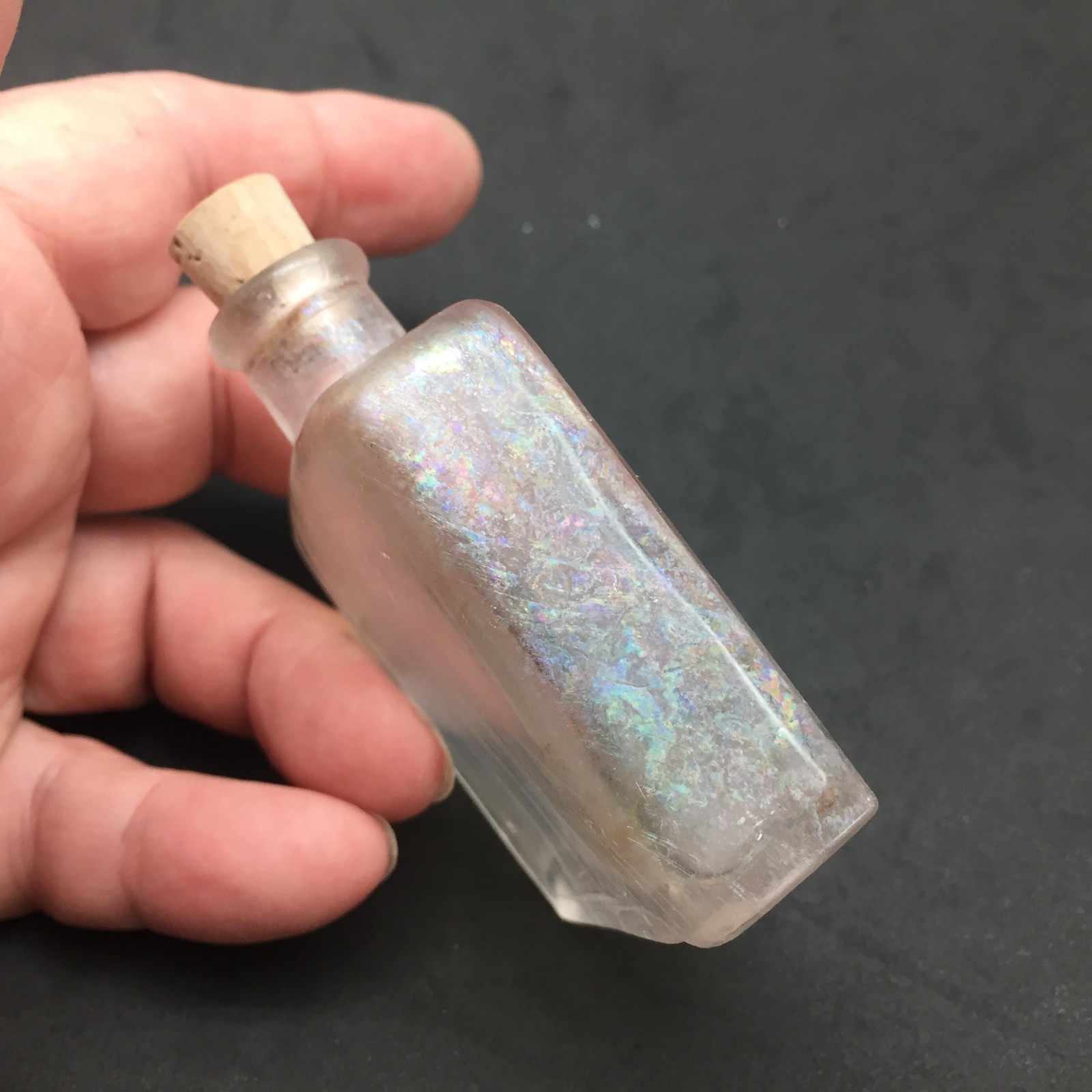 Antique Perfume Cosmetic Bottle Embossed Sun Sunbeams Rainbow Iridescence 2.75"