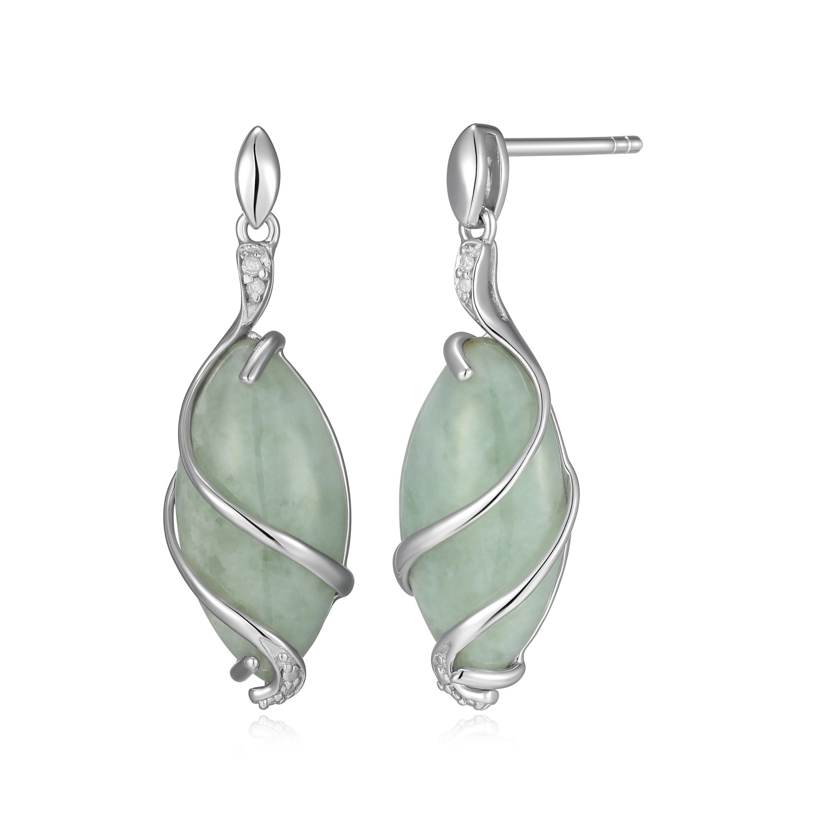 925 Sterling Silver Rhodium-Plated Green Jade Necklace & Earrings Set for Women with Diamonds  