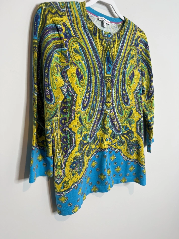 Suéter Isaac Mizrahi Mujer Cárdigan Mediano Tejido Top Paisley Azul Amarillo Trabajo Foto 4 de 4