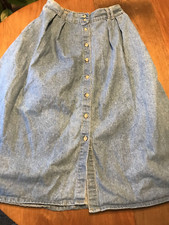 Vtg 80s Prairie Button Front Elastic back Long 100 Cotton Denim Skirt USA 18