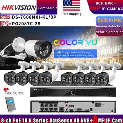 Hikvision Compatible COLOR Bullet 8MP IP Camera+DS-7608NXI-K1/8P NVR Systems Lot