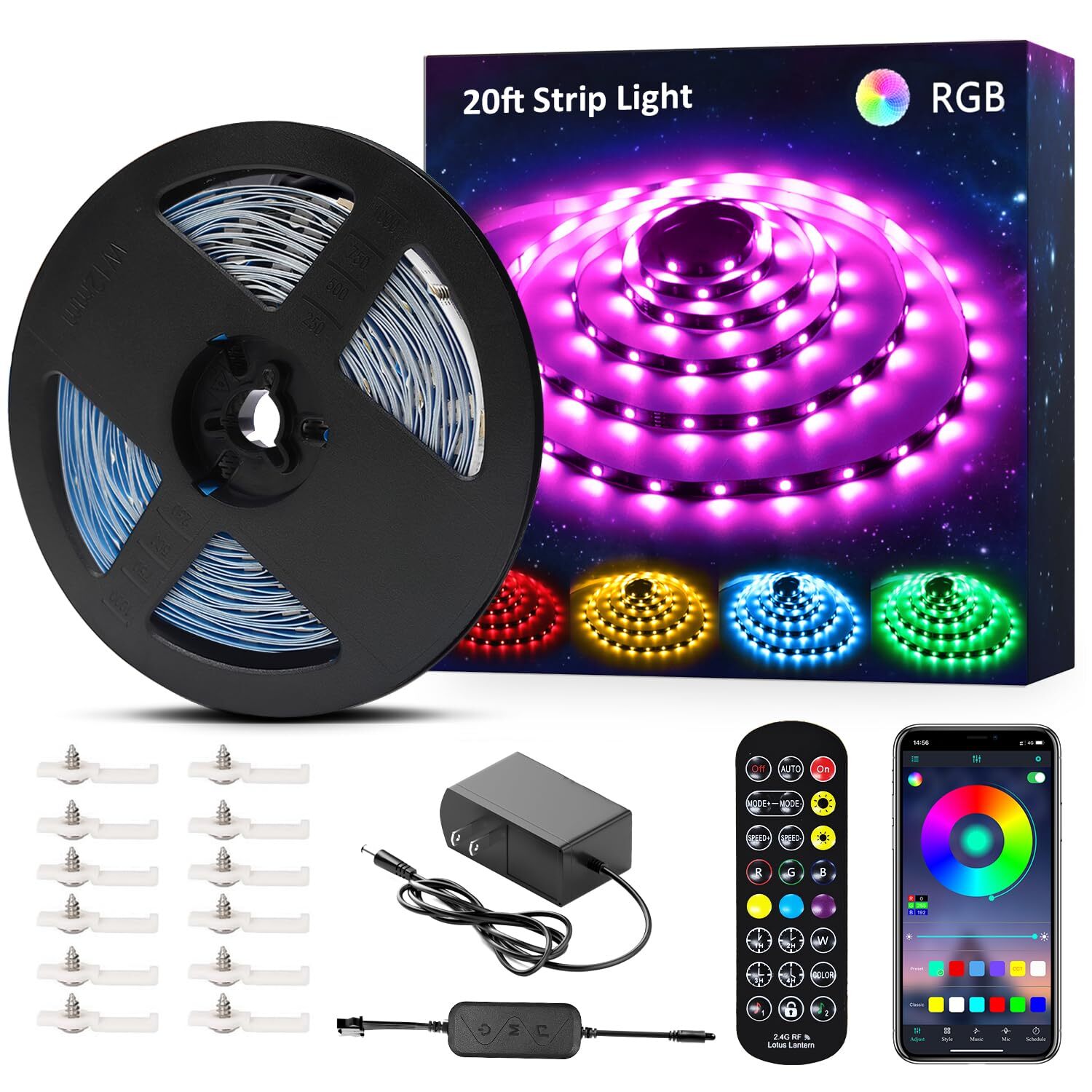 20ft RGB Smart LED Strip Lights Kit, Music Sync APP RGB Color Changing Flexib...