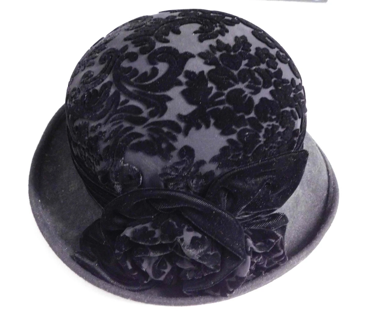 NWOT Designer Hat, Gray Wool, Black Velvet Brim, Wide Velvet Band w/Rose Design Rich Black VELVET Hat With Burgundy Velvet Rose, Women main image 2