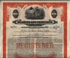 $1,000 St. Louis San Francisco Railway Bond Stock Certificate Frisco Railroad
