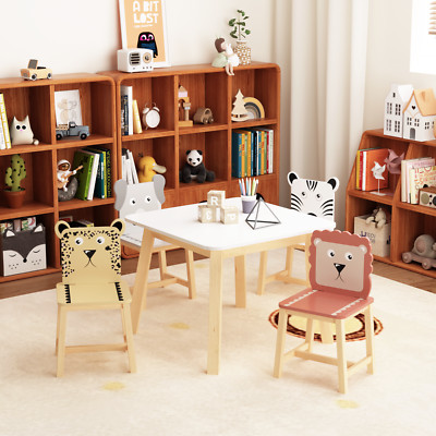 5 Piece Kiddy Table and Chair Set ,Kids Wood Table Chairs Set Cartoon Animals