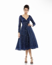 Mac Duggal Midnight Lace V- Neck Long Sleeve Tea Length Size 2 NWT  MSRP $598