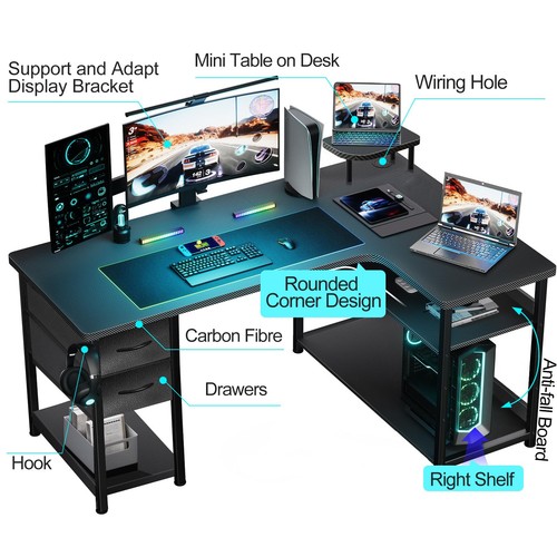 GTRACING Gaming Desk with Drawers, Carbon Fiber Style L Shaped Computer Desk ... - Picture 3 of 7