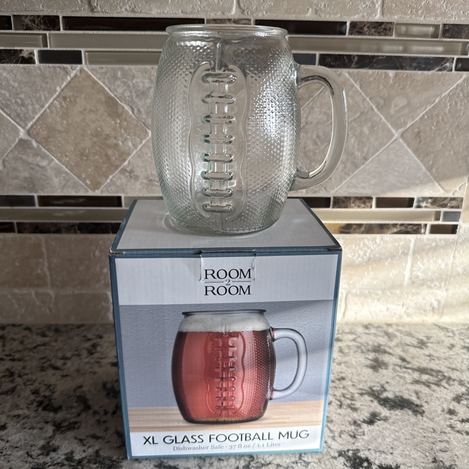 Room 2 Room XL Glass Football 37 Oz Mug Glass 1.1 Liter Dishwasher Safe TD NewIB