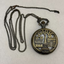 Vintage Paris Eiffel Tower Pocket Watch Quartz Cut Out Cover Chain Desk Decor