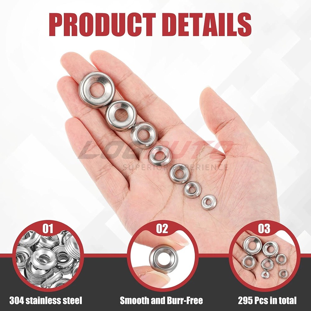 295Pcs Finishing Washer Countersunk Set Cup Washers Kit Stainless Steel 4#-16#