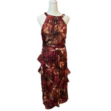 Stella & Julie Womens Halter Ruffle Floral Metallic Midi Dress Burgundy Gold 10