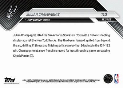 その他 JULIAN CHAMPAGNIE 110 Topps Parallel Julian Champagnie Spurs Record 11 3 PM 2025-26 NBA Topps NOW Card