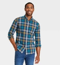 NWT Goodfellow & Co sz M Long Sleeve Stewart Navy Teal Plaid Button up Shirt Y51