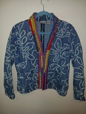 Chico's Women's Size 2 Floral Multicolor Embroidered Denim Jacket 100 Cotton