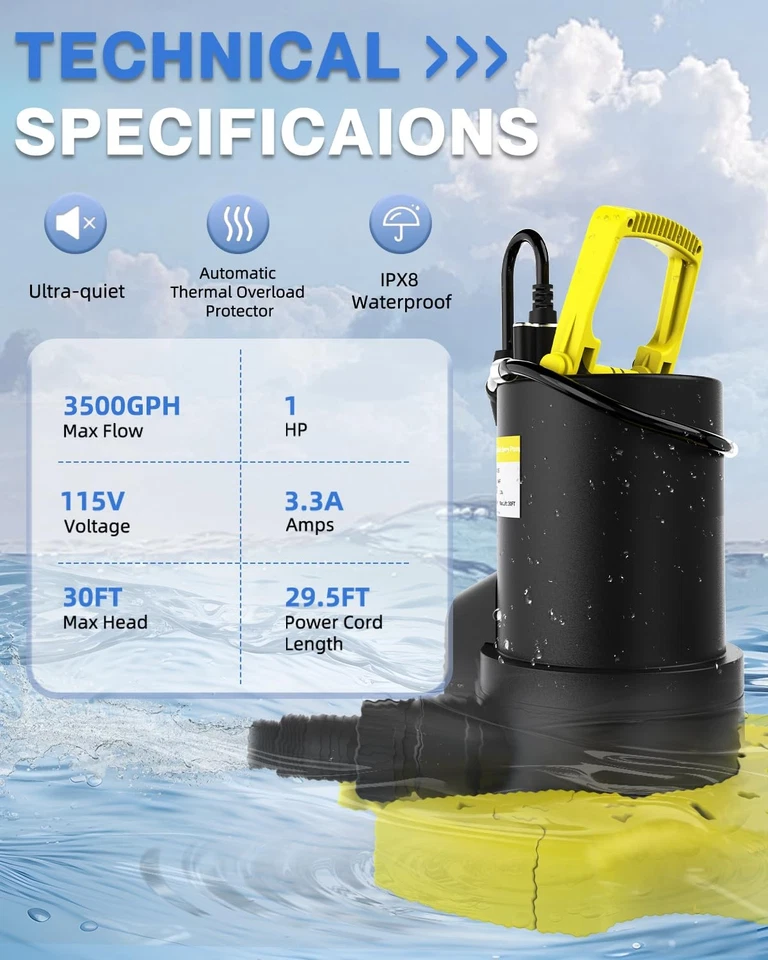 Automatic Pool Cover Pump - 1 HP 3500 GPH Water Pump Above Ground with Check ... - Image 4 of 4