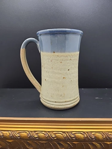Studio Pottery Handmade Stoneware Blue & Cream Tall Speckle Coffee Mug Signed 