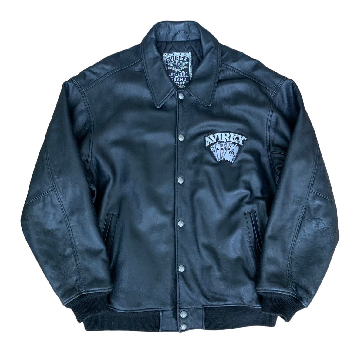 AVIREX Black Bomber Leather Jacket Royal Flush Poker Double