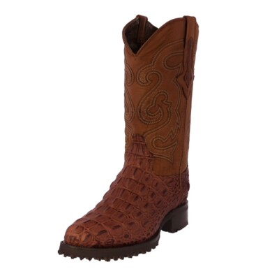 Men Cognac Motorcycle Boots Alligator Back Pattern Leather Round Toe Cowboy Bota